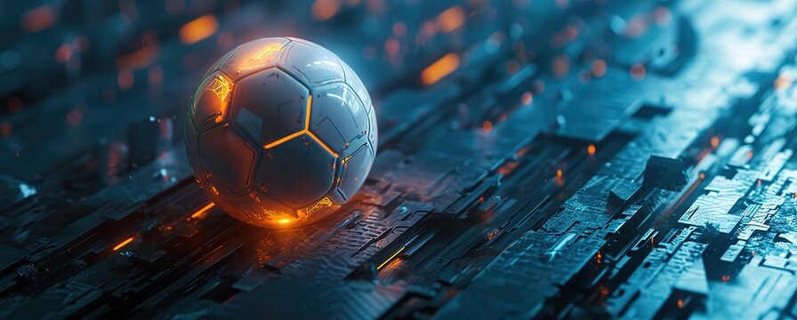 Fototapeta Futuristic soccer ball illuminated by dynamic lights on a technological field