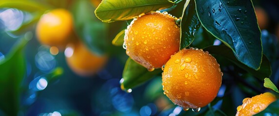 Sun-kissed oranges dripping with fresh rainwater hanging from a lush tree illuminated by soft light - obrazy, fototapety, plakaty
