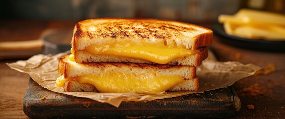 Deliciously melting cheese in a perfectly grilled sandwich, captured in great detail - obrazy, fototapety, plakaty