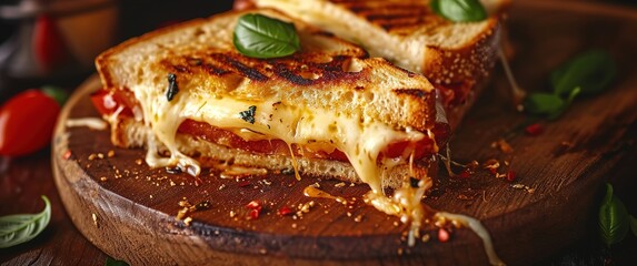 Deliciously melting cheese in a perfectly grilled sandwich, captured in great detail