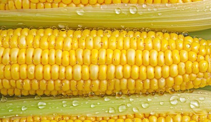 Close-up of fresh golden corncobs glistening with water droplets, highlighting the natural beauty and vibrancy of farm fresh produce