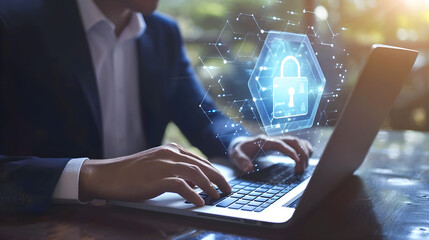 Businessman using laptop computer with digital padlock on internet technology networking with cloud computing and data management. Cybersecurity