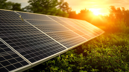 Uma extensa matriz de painéis solares capturando a luz solar simbolizando o aproveitamento da energia solar para geração de energia renovável - obrazy, fototapety, plakaty