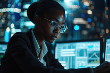Black businesswoman analyzing data at night