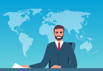 Young tv newscaster man reporting tv news sitting in a studio. World map on background. Vector illustration.