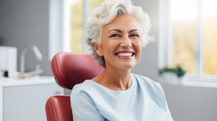 Mujer mayor en la consulta del dentista sonriendo - obrazy, fototapety, plakaty