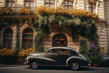 Picture of vintage car with flowers parked on a city street near an old building with arched windows. Generative AI - obrazy, fototapety, plakaty