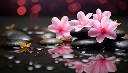 beautiful pink spa flowers on spa hot stones on water wet background. side composition. copy space. spa concept. dark background