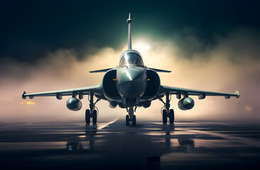 Fototapeta premium A cinematic scene of a fighter jet landing, showcasing dynamic motion and dramatic lighting. Perfect for action, military, and aviation themes