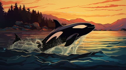 dolphins in sunset - obrazy, fototapety, plakaty