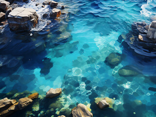 Fototapeta na wymiar Clear turquoise blue water between rocks, tropical bay with cave