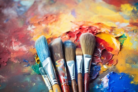 Used brushes on an artist's palette of colorful oil paint. Artist's PAintbrushes. Colorful Paint Brushes with the Colors. Colorful artist brushes and paint. Colorful artist brushes and paint.