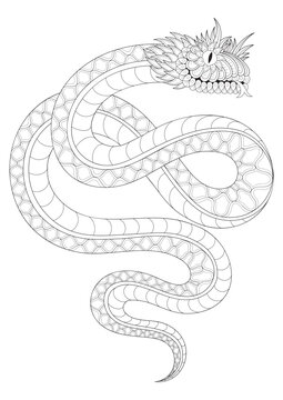 Wonderful snake portrait drawn in zentangle style for clothing design. Coloring book with reptile.