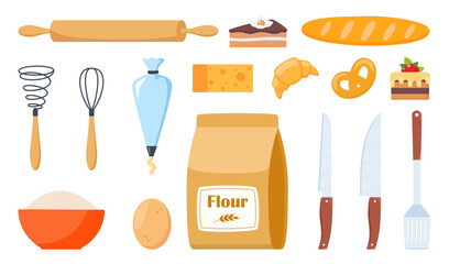 Pastry making equipment and ingredients. Baking tools set. Delicious baking. Vector illustration.