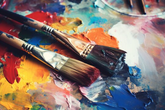Used brushes on an artist's palette of colorful oil paint. Artist's PAintbrushes. Colorful Paint Brushes with the Colors. Colorful artist brushes and paint. Colorful artist brushes and paint.