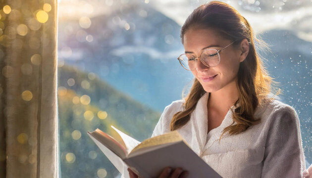Femme souriante lisant un livre dans une chambre donnant sur un paysage montagneux