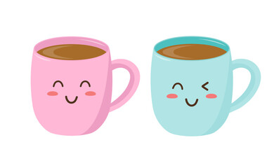 Paired mugs. Kawaii style. Pink and blue coffee mugs. Isolated on white background.	