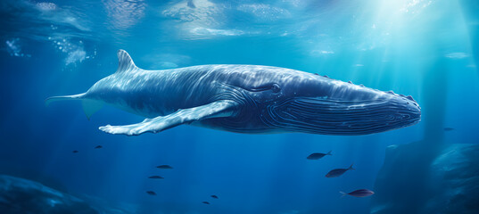 Humpback whale in blue ocean. Wildlife scene from underwater world. ocean world day - obrazy, fototapety, plakaty