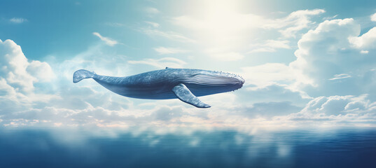 Humpback whale floating in the blue sky with clouds. Fantasy background. 3d rendering