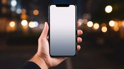 Mockup of a hand holding a smartphone with blank white screen in the city at night