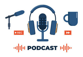Podcast stuff. Podcast recording and listening, broadcasting, online radio, audio streaming service Concept. Vector illustration. - obrazy, fototapety, plakaty