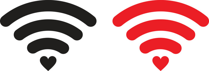 Heart wifi icon set in black and red colors . Heart wifi . Heart connect icon .Vector illustration - obrazy, fototapety, plakaty