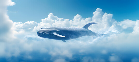 Naklejka na ściany i meble Humpback whale floating in the blue sky with clouds. Fantasy background. 3d rendering