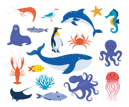 Sea animals big set. Cute flat style sea creature characters. Penguin, whale, seal, seahorse, dolphin, octopus, jellyfish, starfish, gull. Vector illustration.