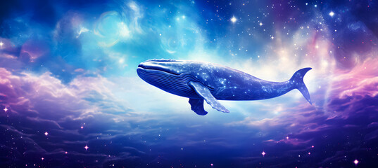 Obraz na płótnie Canvas Humpback whale in deep space. Fantasy cosmic background. blue whale swimming in the night sky with clouds. Vector illustration.