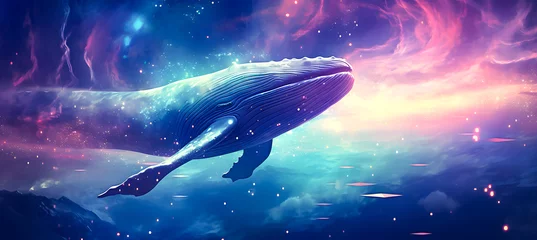 Foto op Plexiglas Humpback whale in deep space. Fantasy cosmic background. blue whale swimming in the night sky with clouds. Vector illustration. © Iwankrwn