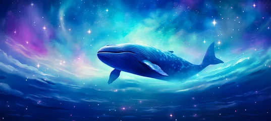 Foto op Plexiglas Humpback whale in deep space. Fantasy cosmic background. blue whale swimming in the night sky with clouds. Vector illustration. © Iwankrwn