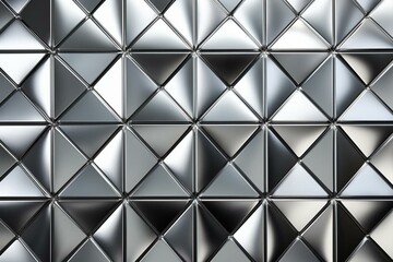 Shimmering wall of opulent silver mosaic tiles forming a 3D glossy triangular block background. Generative AI