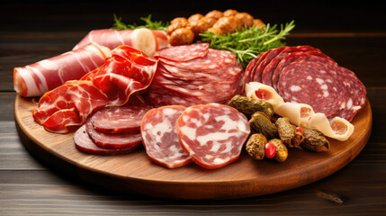 Assorted Meats and Cheeses on a Wooden Plate