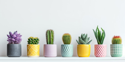 Row of little succulent plants in modern geometric concrete planters isolated on white background, with copy space. - obrazy, fototapety, plakaty