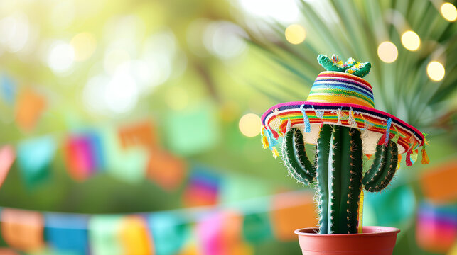 Cactus in sombrero hat over party ribbons background outdoor with copy space.