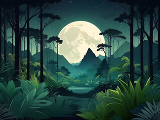 nature mountain forest jungle landscape background in vector flat color with the sun and moon.