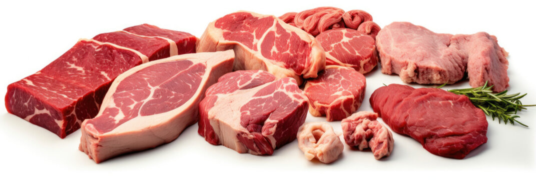Assorted Raw Meats on White Background, Beef, Chicken, Pork, and Lamb