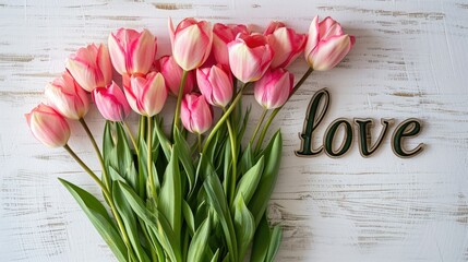 the word "Love" placed next to a beautifully arranged bouquet of tulips on a light background, blending modern minimalist aesthetics to evoke a sense of timeless romance.