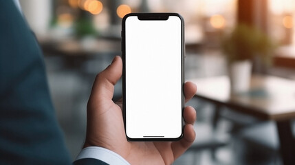 Male hand holding phone with isolated screen on blurred background. mock up