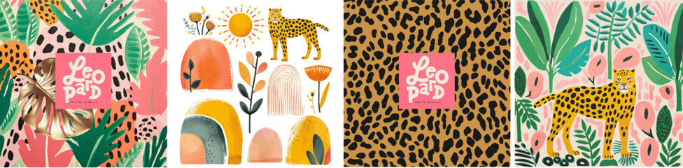 Leopard, print and tropical plants. Doodles. Vector cute trendy illustration of spotted leopard pattern, texture or fur, palm leaf, jungle, sun, animal for background, label or card