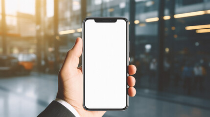 Mockup of a hand holding black mobile phone with blank white screen in modern office