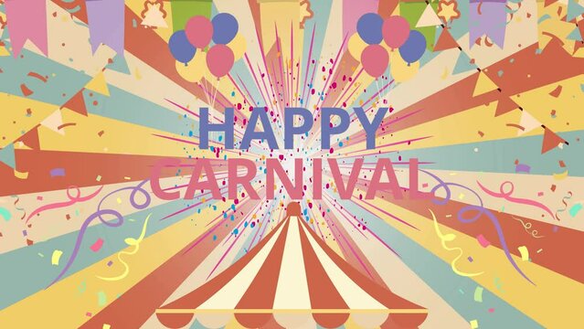 Animated Happy Carnival video footage with decorations, confetti, festive, lively, pastel color and retro style.