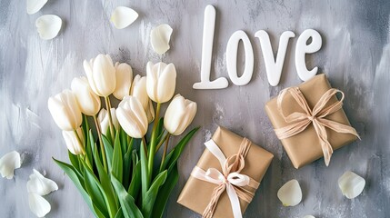 the word "Love" beside a carefully arranged gift and a bouquet of white tulips on a light background, incorporating modern minimalist elements for a timeless and heartfelt expression.
