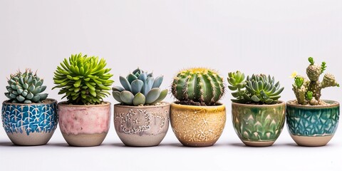 Row of little succulent plants in modern geometric concrete planters isolated on white background, with copy space.