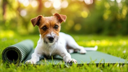 portrait of a jack russell puppy on a sports mat lying on the grass .Canine Wellness in Action