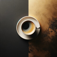 The coffee cup, simple in design, is placed on a striking background. Cup of coffee on black and brown background. Top view.