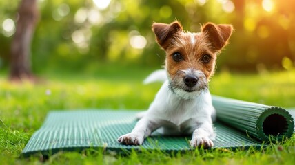 portrait of a jack russell puppy on a sports mat lying on the grass .Canine Wellness in Action