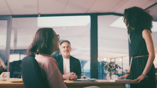 Business woman, handshake and meeting success, introduction or welcome for b2b partnership. Professional man, people or clients shaking hands for collaboration, onboarding and thank you or promotion