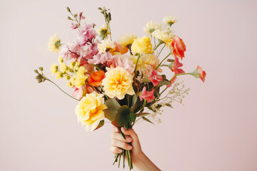 Female hand holds beautiful colorful bouquet