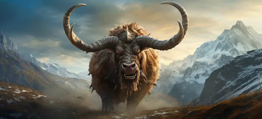 Foto op Plexiglas A bull with horns spiraled like ancient symbols, its hooves barely touching the ground, levitates above a mountaintop, its form radiating mystical energy © Rehan